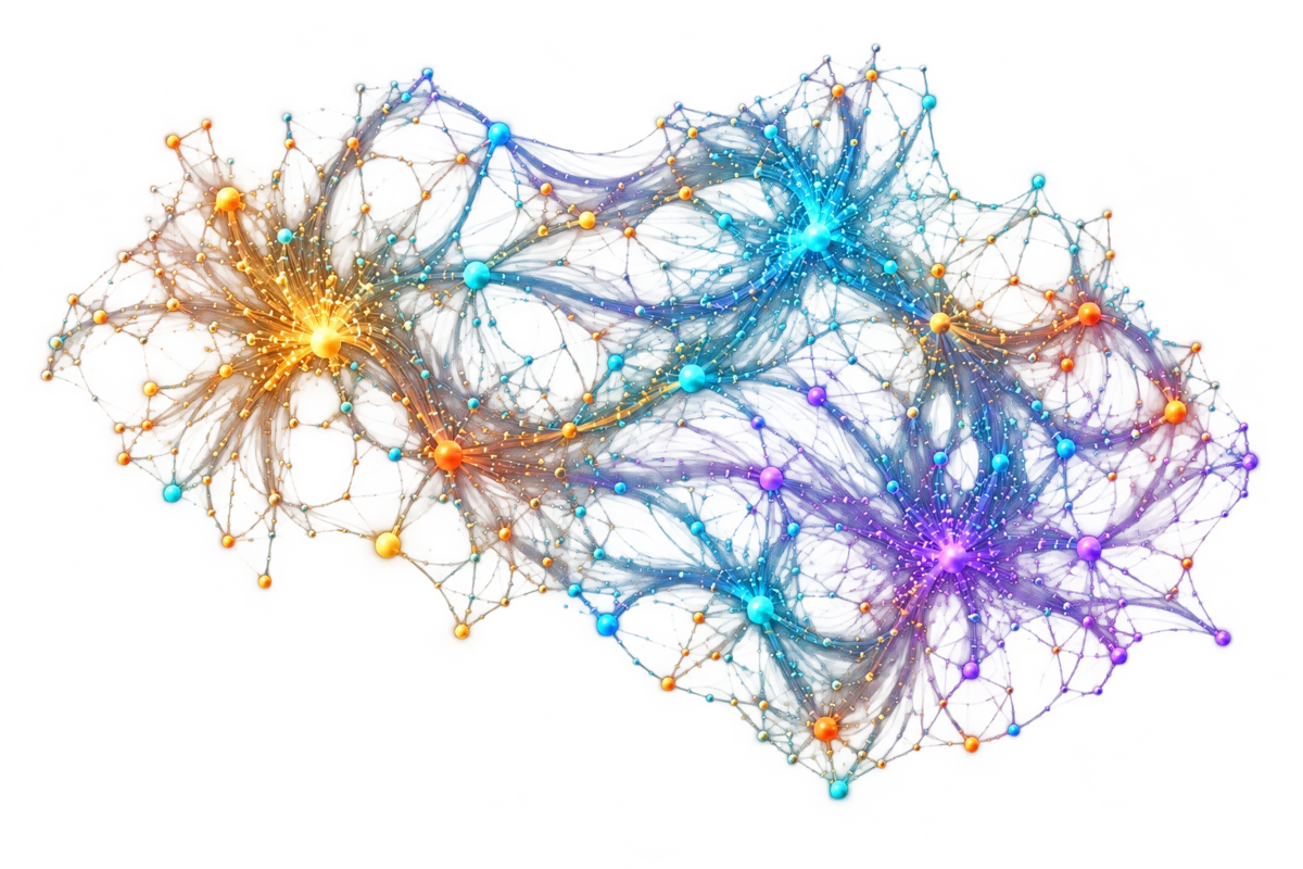 An abstract network of connected light in the Creation Train colours.