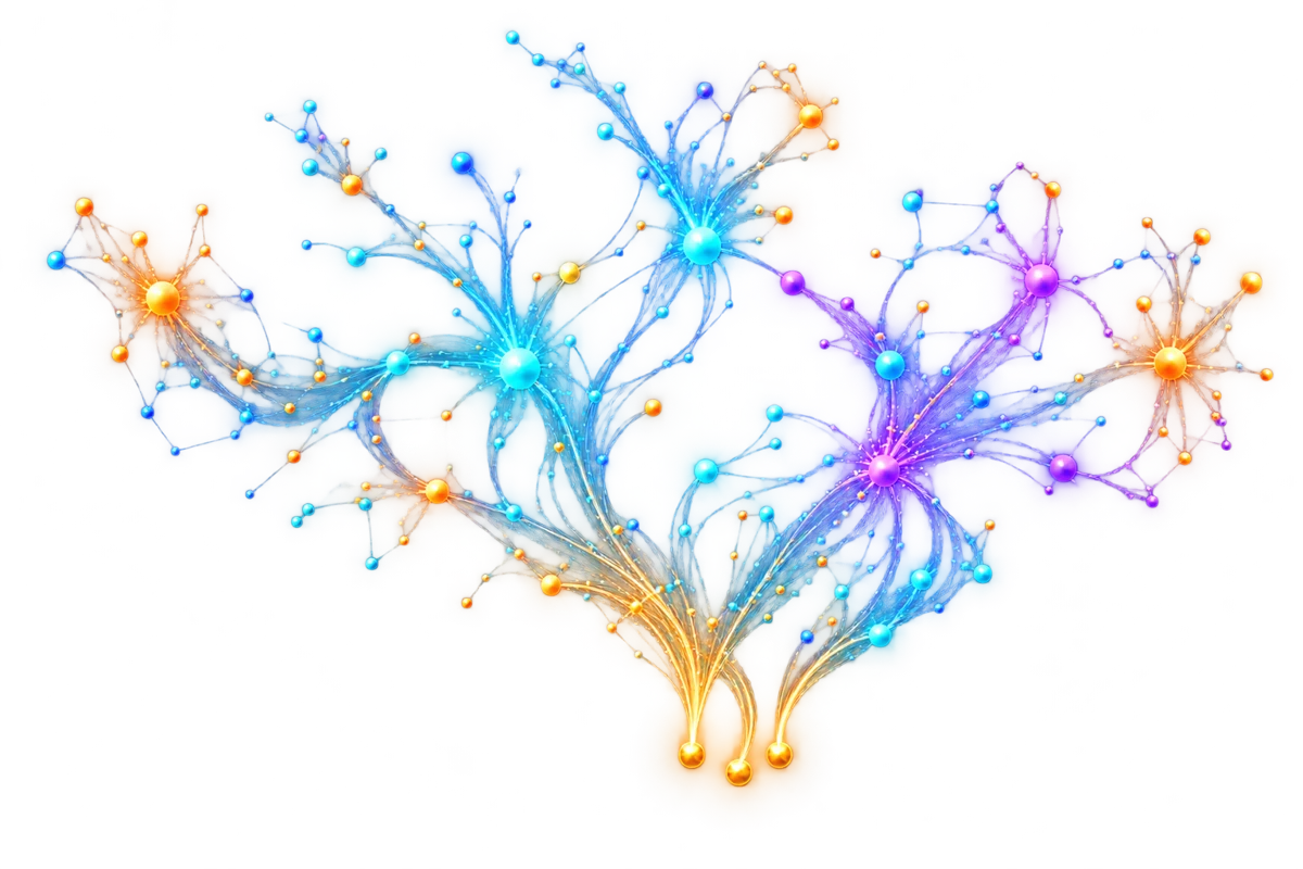 A floating network of connected light in the Creation Train brand colours.