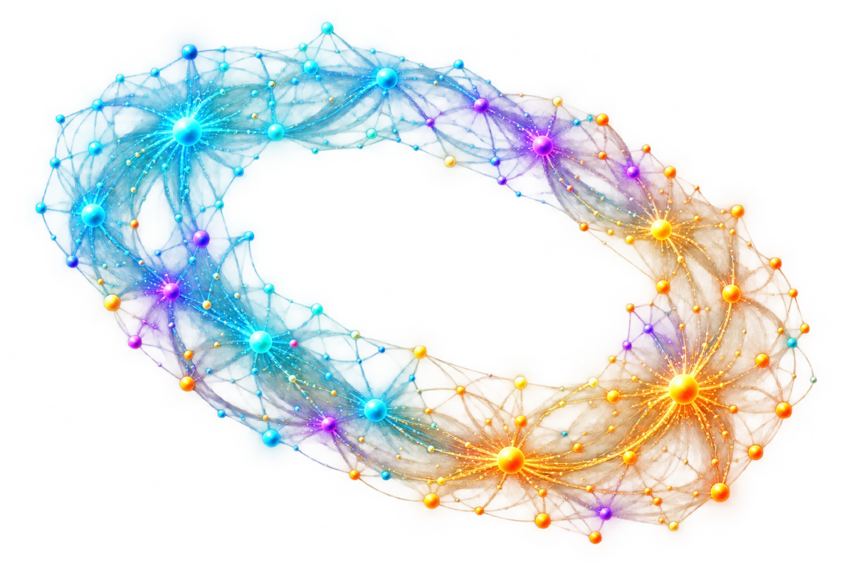 An abstract network of connected light in the Creation Train colours.